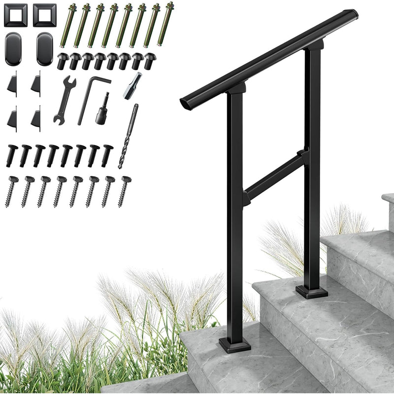 ZeroPone Upgrade 2-Steps Outdoor Handrail with Screw Kit, Zinc Steel  - Black