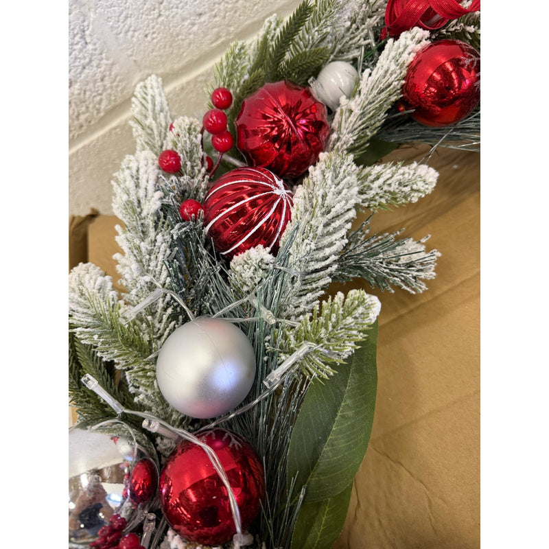 Christmas Wreath with Lights, Red Berries, Ornaments and Pine Branches, 24"