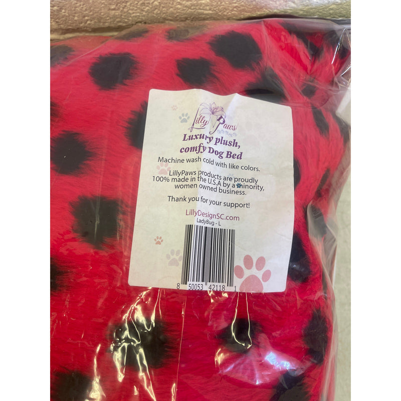 Lilly Paws Luxury Plush Comfy Dog Bed FauxFur, Large, Ladybug Red/Black 35x28x10"
