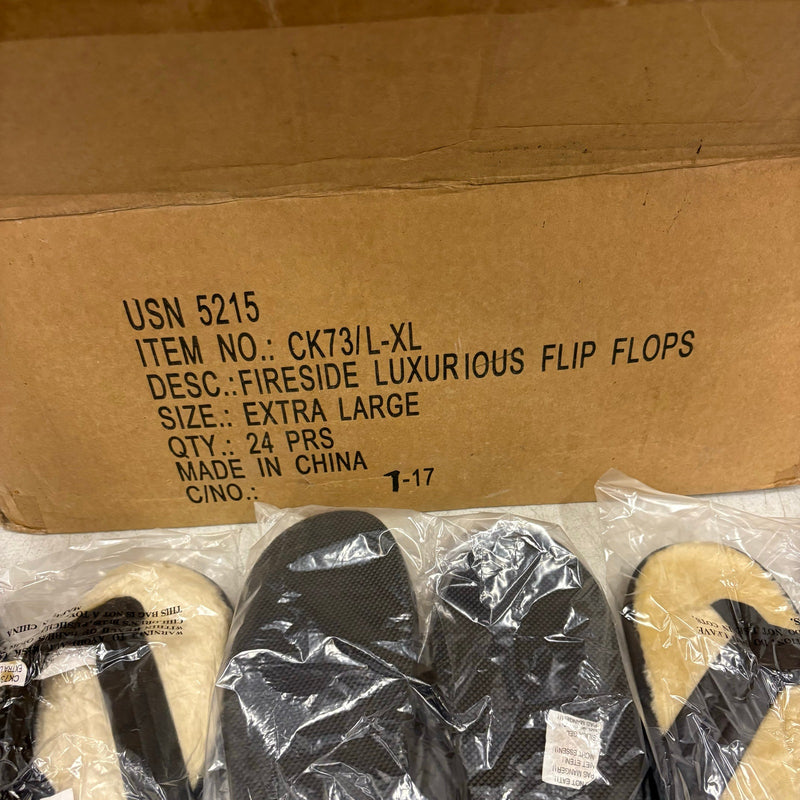 LOT-OF-24 Fireside Flip Flops LARGE, Fur Lining, Rubber Bottom - Black / Tan