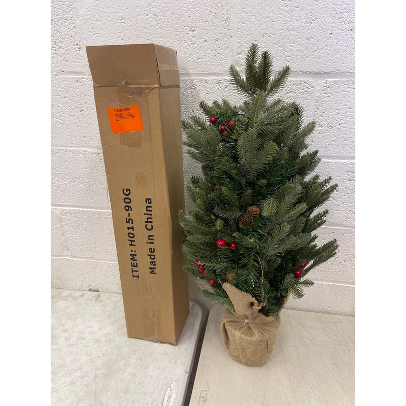 3 ft. Christmas Tree with Pinecones/Berries and Burlap Wrapped Stand - Pre Lit