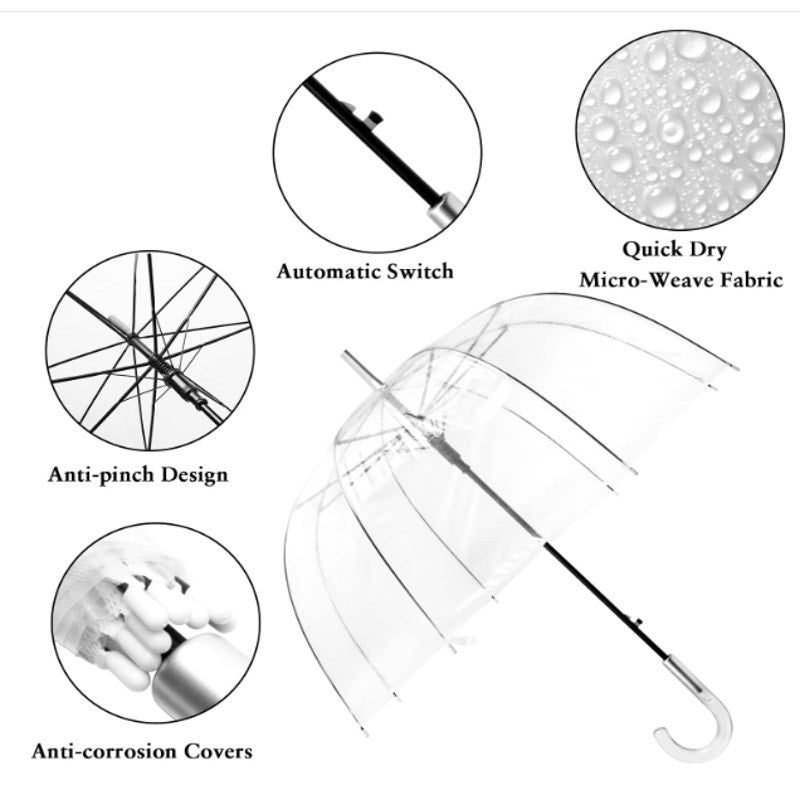Pack of 2 - 46" Clear Bubble Umbrellas Auto Open Windproof with European J Hook