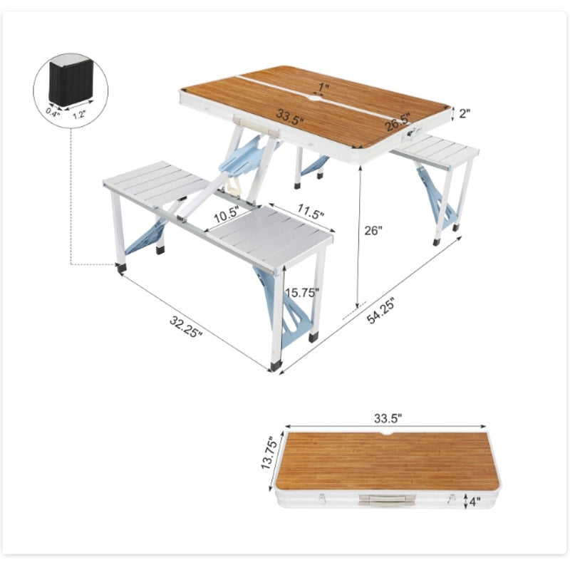 Portable Folding Picnic Table With 4-Person Chair Seats Wood Aluminum Alloy