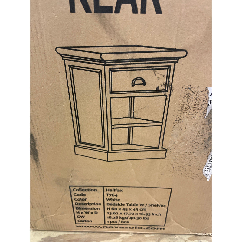 Novasolo Bedside Table w Shelves/ Drawer, Halifax Collection White 23 x 17 x 16"