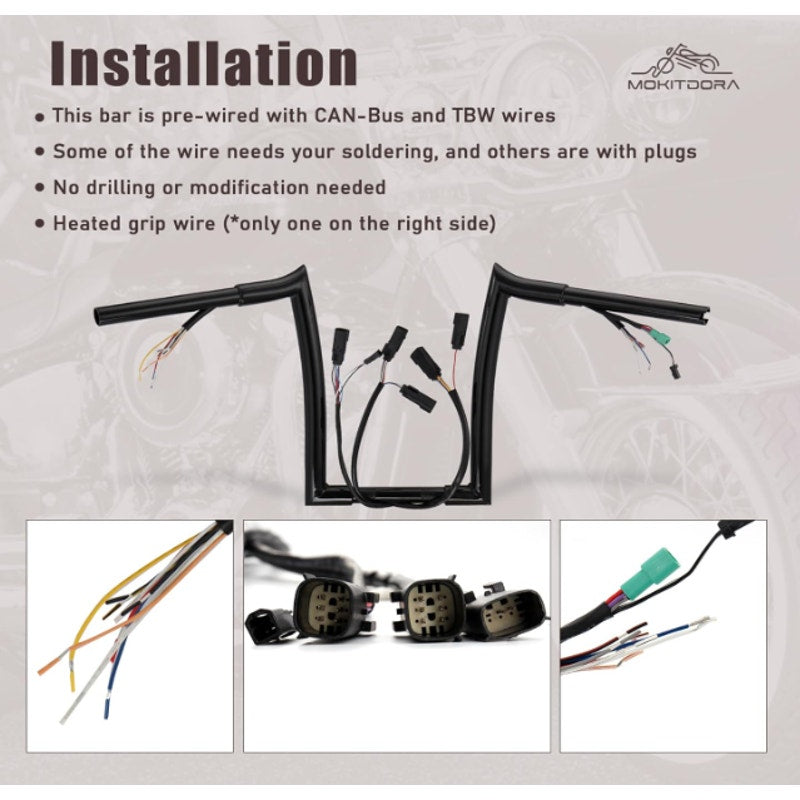 MoKitDora Road King Prewired Ape Hangers Classic 14" Rise Meathook Handlebar