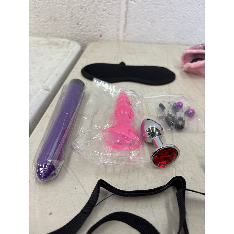 Bondage Kit Adult Handcuffs Ball Gag Nipple Clamps Blindfold Vibrator Plug Whip