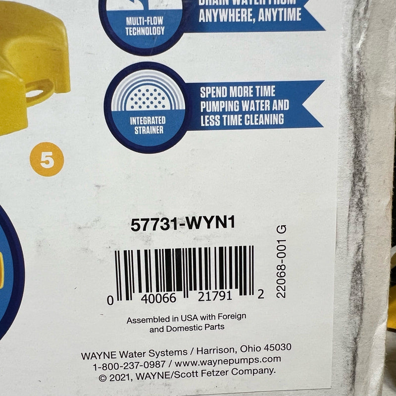 Wayne WWB Series Utility Pump, 4.8 A, 120 V, 1/6 hp, 3/4 in Outlet, 1010 gph