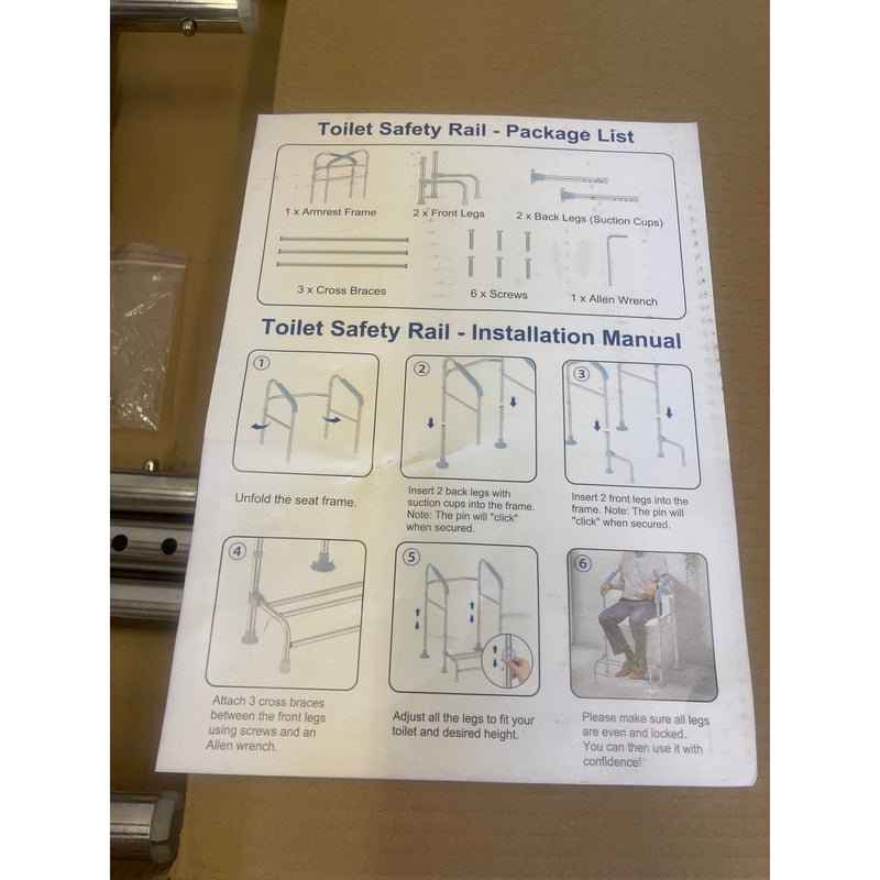 Toilet Safety Rail w Foot Rest Height Adjustable 400LB Steel Foldable & Portable