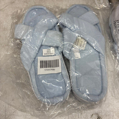 LOT-OF-24 Criss Cross Slippers SMALL, Memory Foam, Rubber Bottom - Blue / White