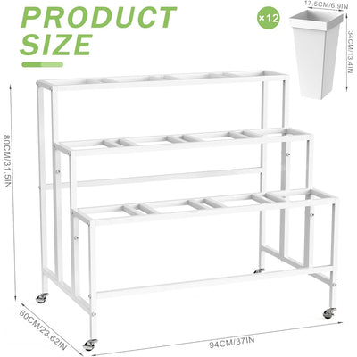 VGMiu 3-Tier Metal Flower Stand with 12 Buckets, Wheels & Brakes, White, Damaged