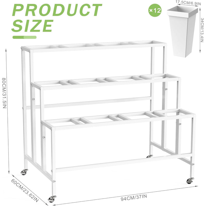 VGMiu 3-Tier Metal Flower Stand with 12 Buckets, Wheels & Brakes, White, Damaged