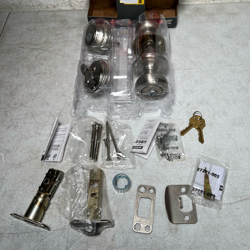Kwikset Juno Exterior Entry Door Knob& Single Cylinder Deadbolt Set Satin Nickel