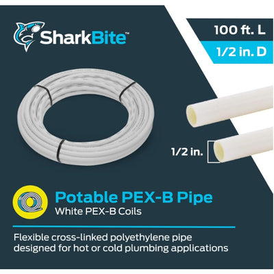 SharkBite 1/2"x100' White PEX-B, PEX Pipe Flexible Water Tubing U860W100