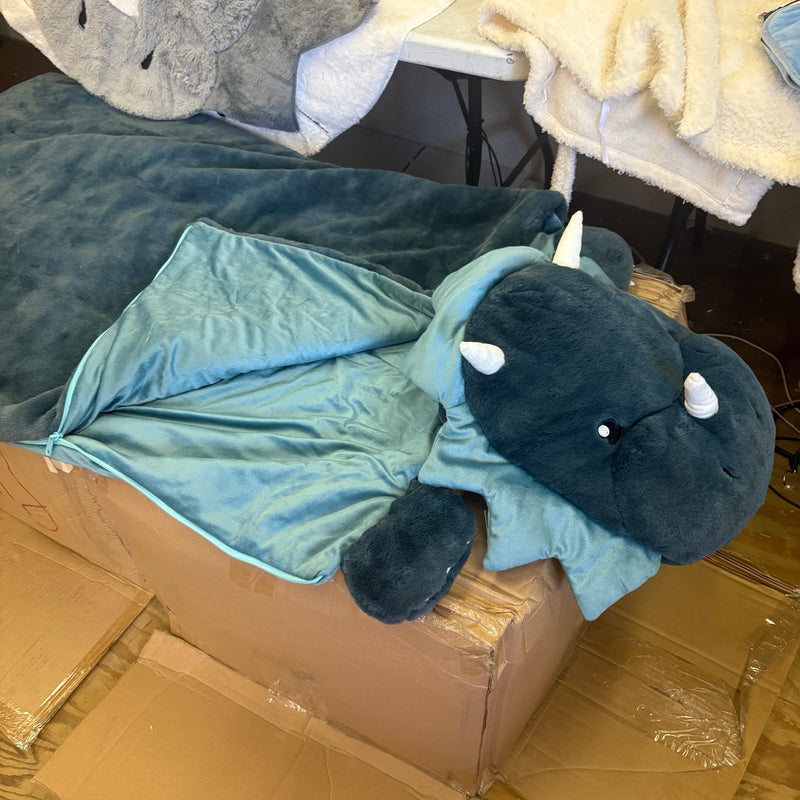 Lot-of-12 Soft Goods, Dino Sleeping Bag, 3 Unicorn Rug, 1 Dino Rug, Robe, 4 Blankets