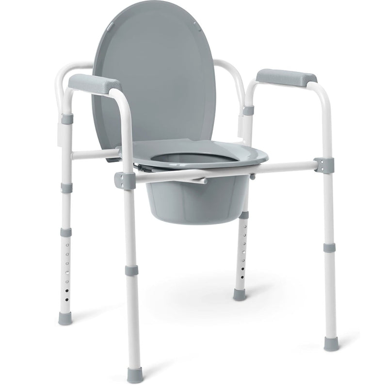 Medline 3-in-1 Foldable Steel Bedside Commode, 350lb weight capacity - Gray
