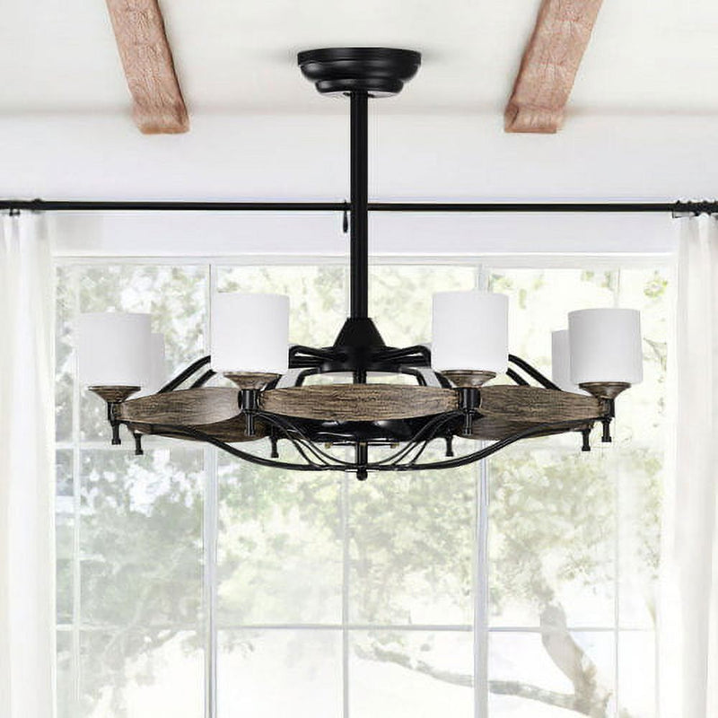 3 Blades & 8 Lights Ceiling Fan W Remote, DC Motor, Matte Black & Antique Wood