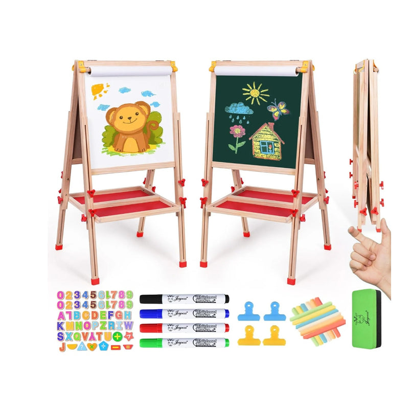Joyooss Kids Easel Wooden Double-Sided with Paper Roll, Markers, Magnets, Clips, Eraser & MORE