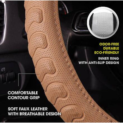 AutoCraft Action Grip Steering Wheel Cover Tan Faux Leather, Fits 14.5" - 15"