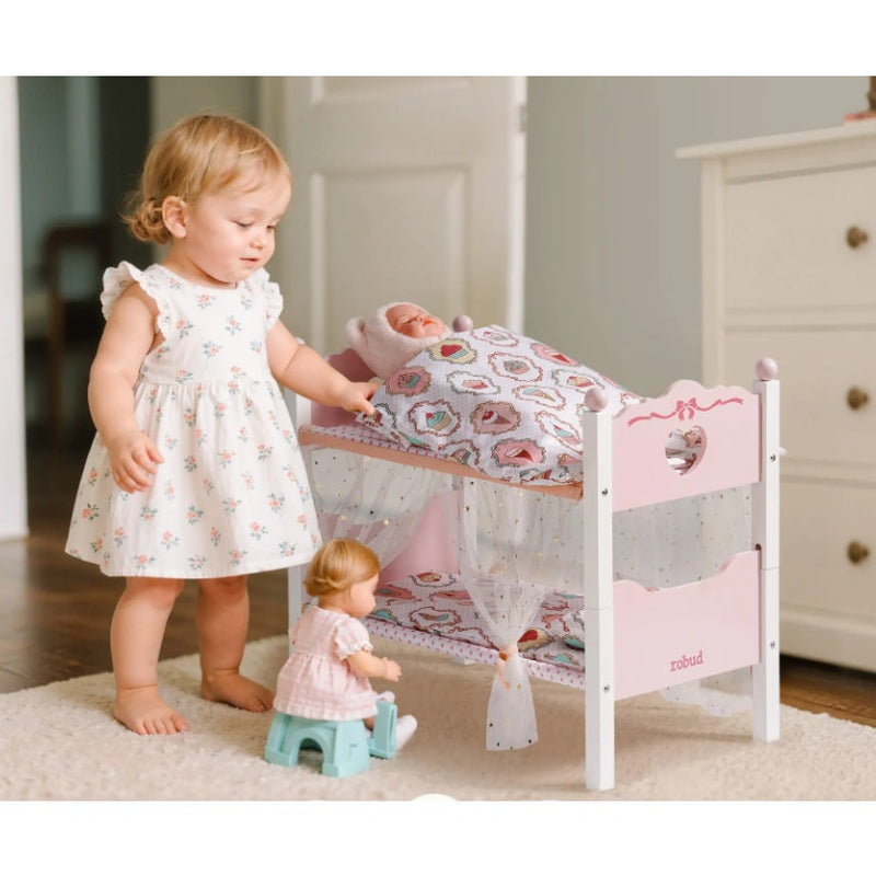 ROBUD Pink Princess Bunk Bed, Doll Bed Set w Curtain, 22.2"x18.7"x12.2" - WRP35
