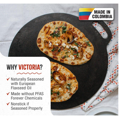 Victoria 15-Inch Cast Iron Tawa Dosa Pan, Pizza Pan w Loop Handle Preseasoned