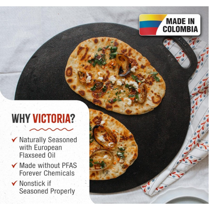 Victoria 15-Inch Cast Iron Tawa Dosa Pan, Pizza Pan w Loop Handle Preseasoned