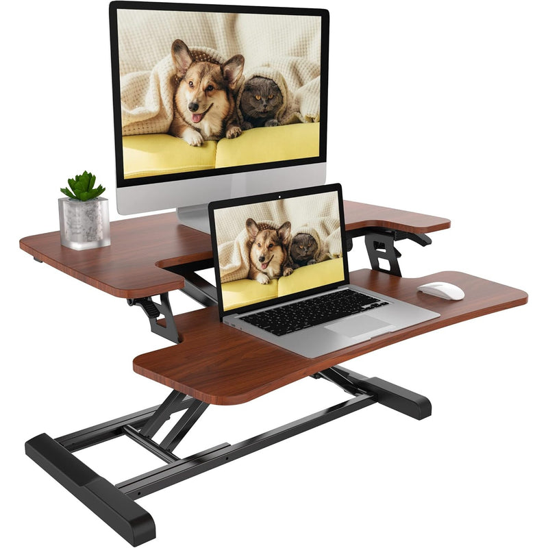 FlexiSpot Stand up Desk Converter 28" W Deep Keyboard Tray Mahogany M7N-US