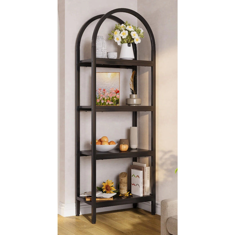 Tribesigns 4-Tier Bookshelf Arched Bookcase Display Rack w Shelves Black, READ