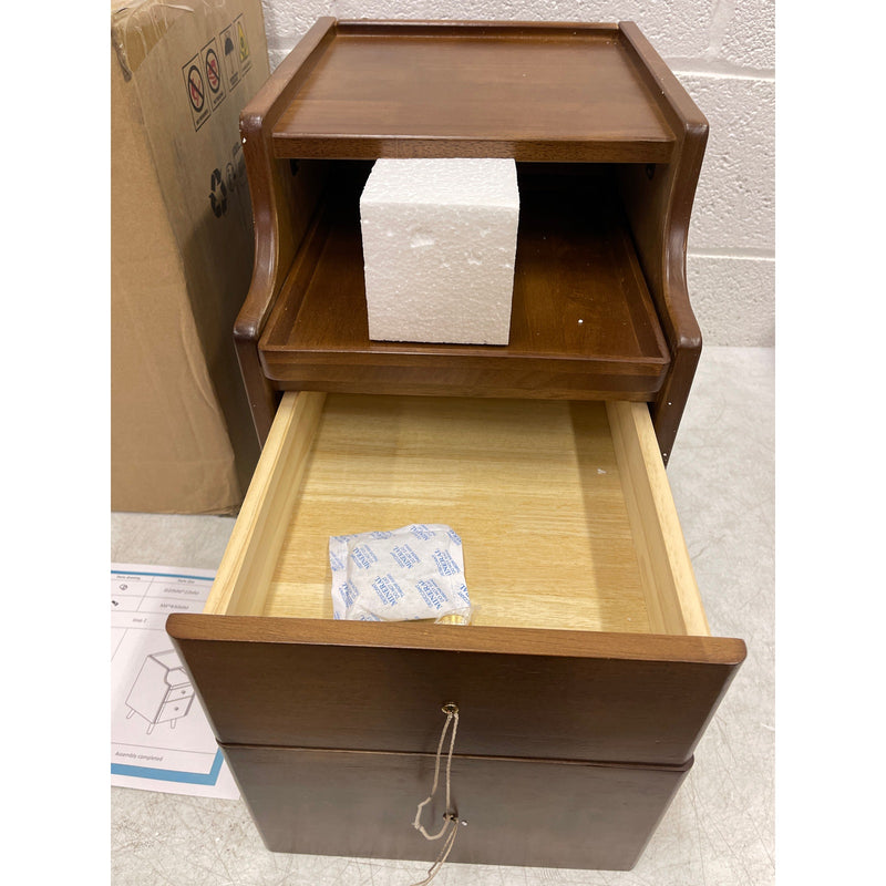 KASLANDI Solid Wood Nightstand with 2 Drawers & 2 Tier Shelf - Brown with Legs