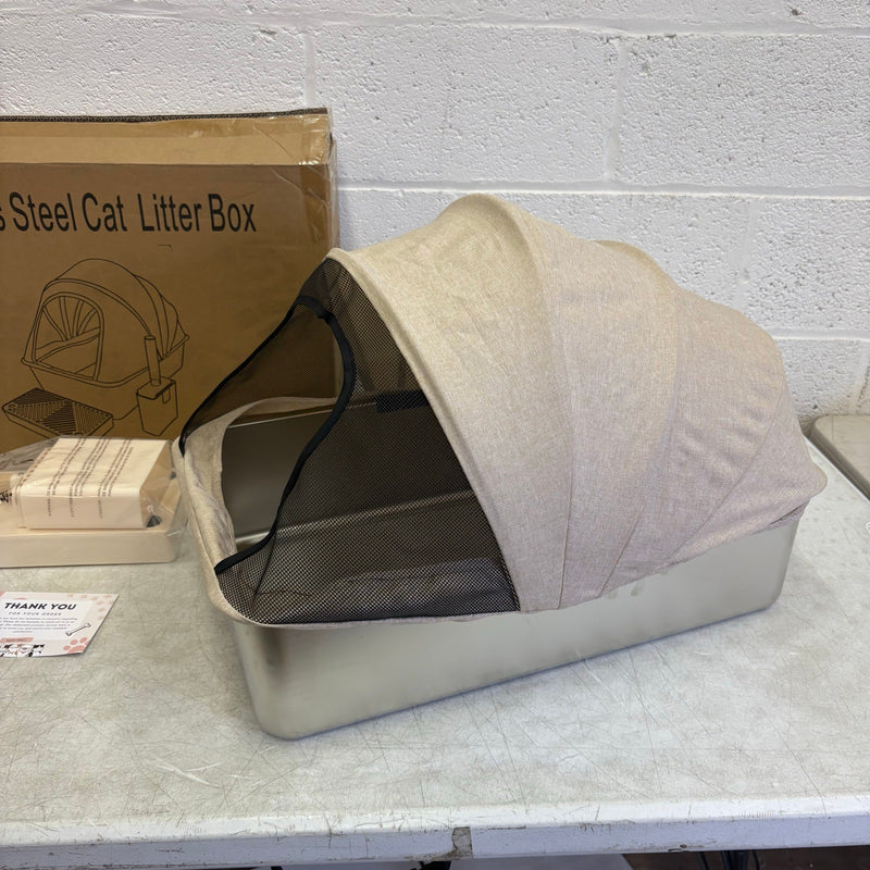 Pacifik Angels Stainless Steel Cat Litter Box w Anti Splash Fabric & Scoop - Tan