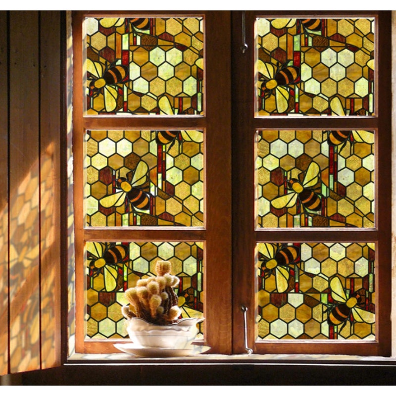 Faux Stained Glass Window Film Double-Sided Static Cling Honey Bee 21"x102"