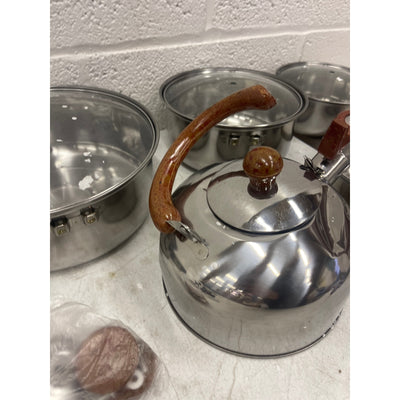 Cookware Set Pots and Pans Tea Kettle Silver w Brown Accents SEE DETAILS