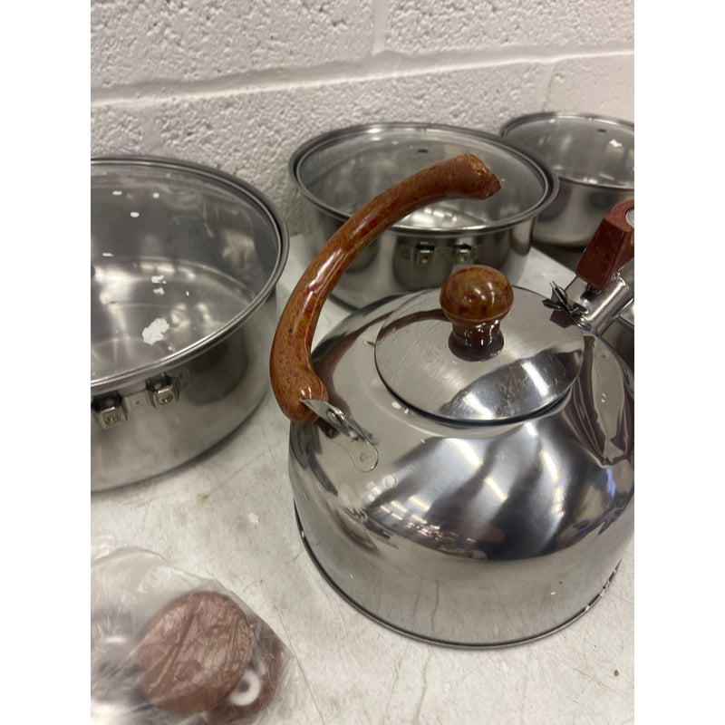 Cookware Set Pots and Pans Tea Kettle Silver w Brown Accents SEE DETAILS