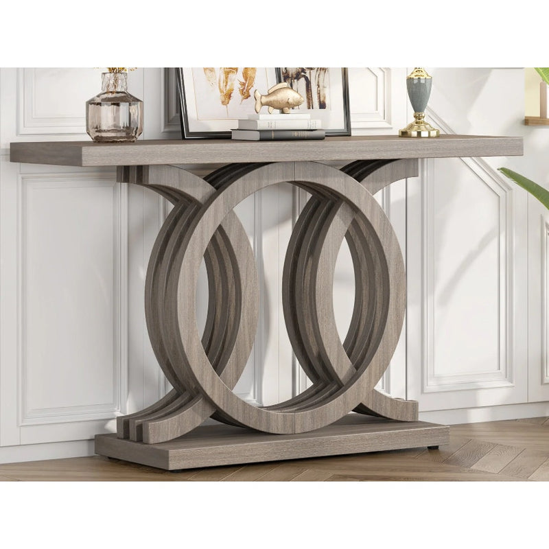 Tribesigns Farmhouse Console Table, 55" x14" Geometric Circular Base, Gray Wood