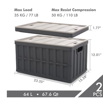 (2pk) Citylife 64L Collapsible Storage Bins with Lids, Heavy Duty Utility Crates