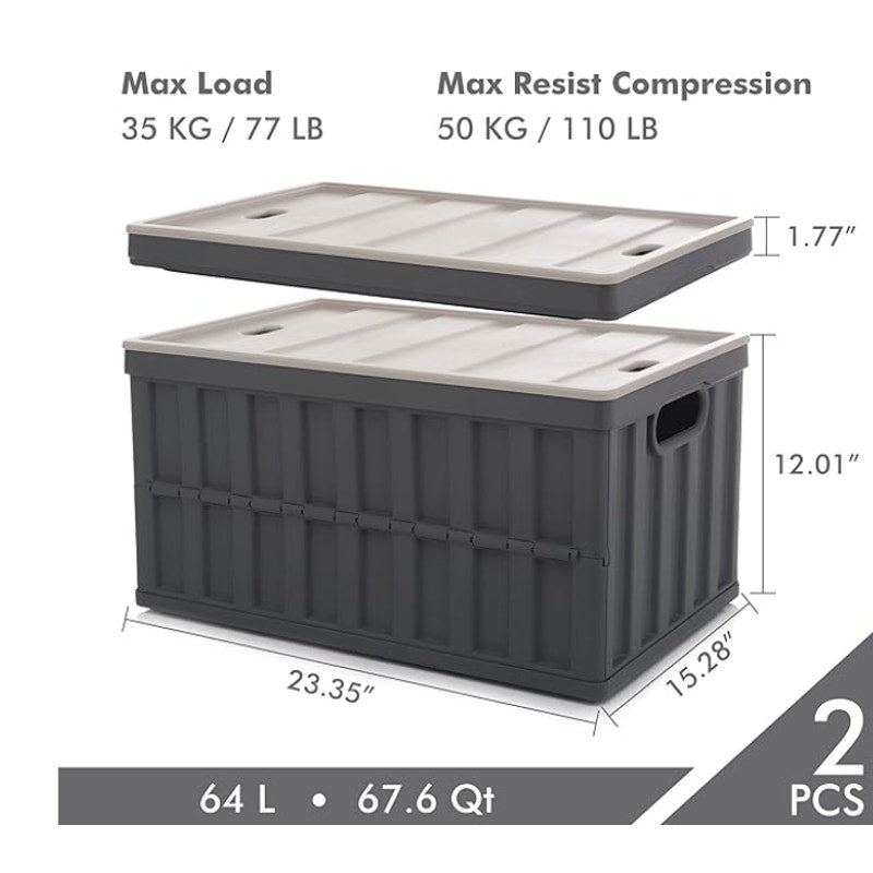 (2pk) Citylife 64L Collapsible Storage Bins with Lids, Heavy Duty Utility Crates