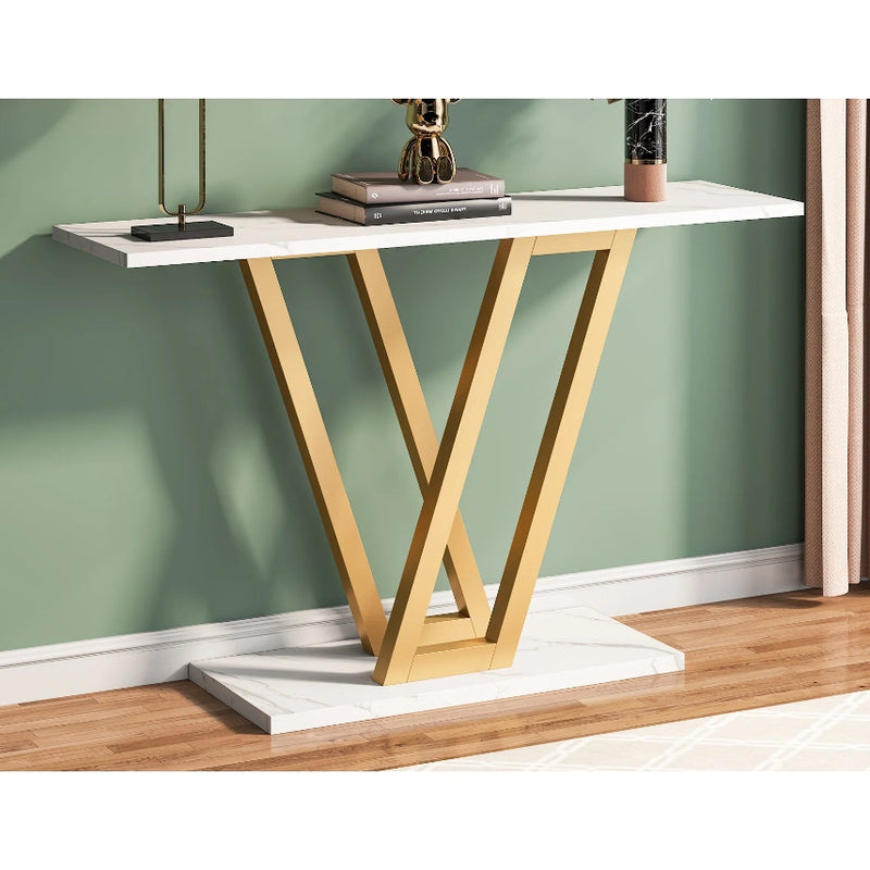 Tribesigns 43" Console Table, Entryway Hallway Table White Top, Gold V Frame