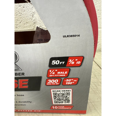 Milton Industries 3/8"x50' Rubber Air Hose, Ultra Lightweight 300 Max PSI - Red