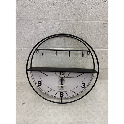 Dankeik Wall Clock & Shelf with 4 Hooks & Storage, 20-Inch Width, Black