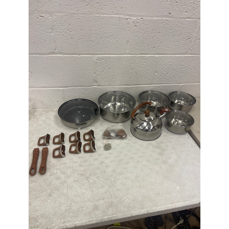 Cookware Set Pots and Pans Tea Kettle Silver w Brown Accents SEE DETAILS