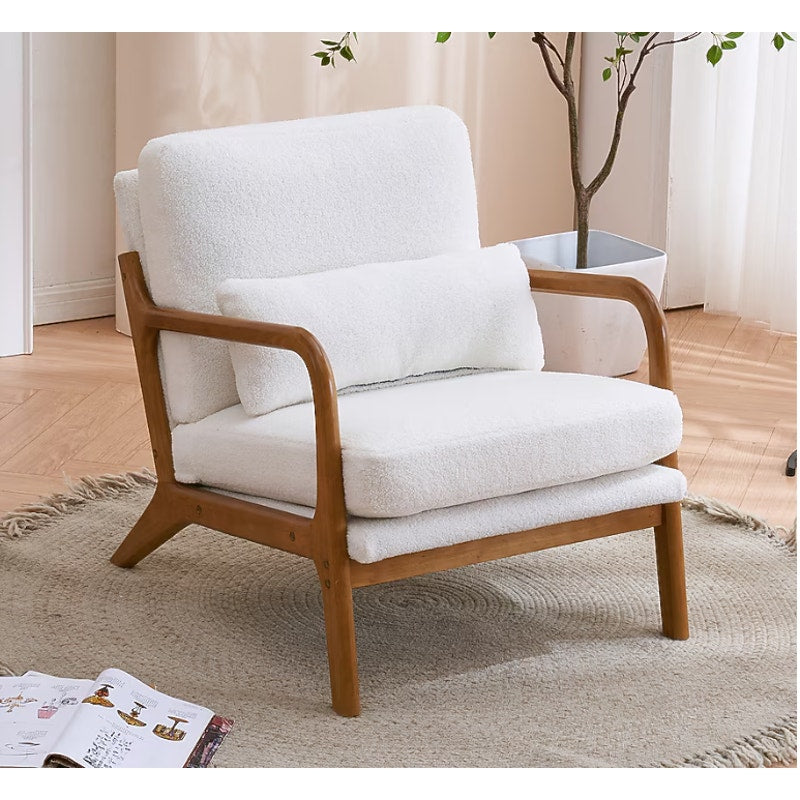 VINGLI Modern Accent Chair Brown Rubber Wood Frame & Lumbar Pillow - Fuzzy White