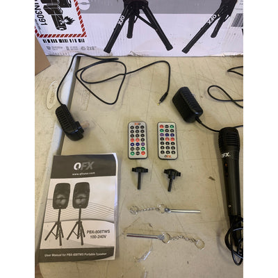 SET-of-2 QFX DUAL 8 Speaker System PA Speakers, Stands and Microphones