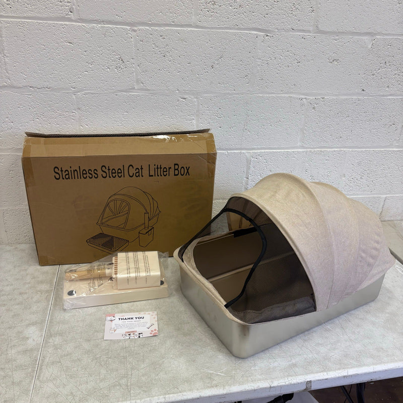 Pacifik Angels Stainless Steel Cat Litter Box w Anti Splash Fabric & Scoop - Tan