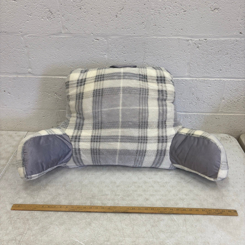 Plush Backrest Pillow, 34"W x 18"H Reading Pillow Soft - Gray Plaid Design