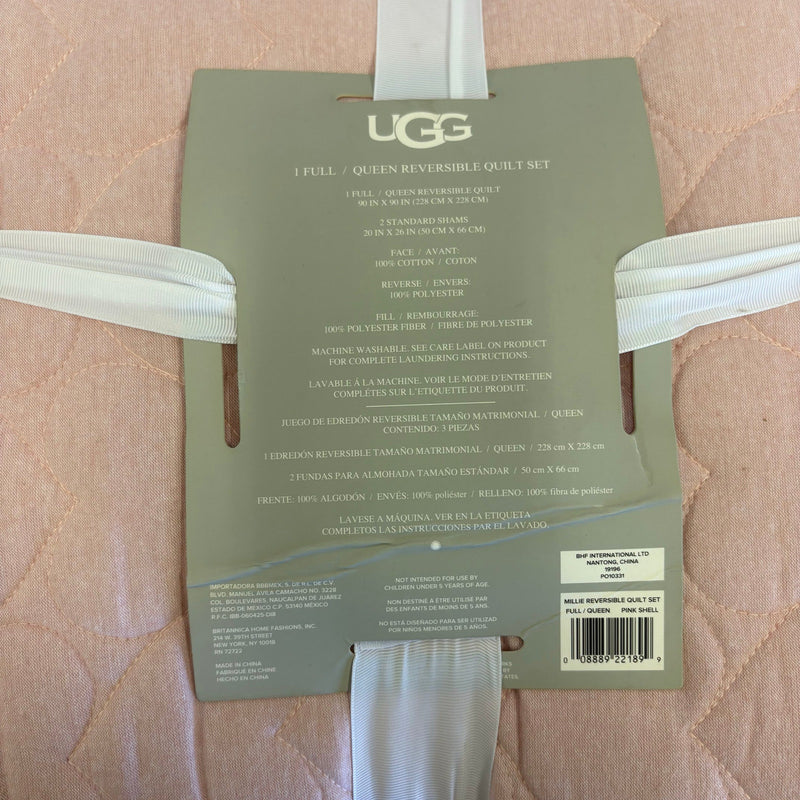 UGG Millie 3pc Quilt Set 1 Quilt & 2 Shams, Full/Queen, Reversible Pink / White