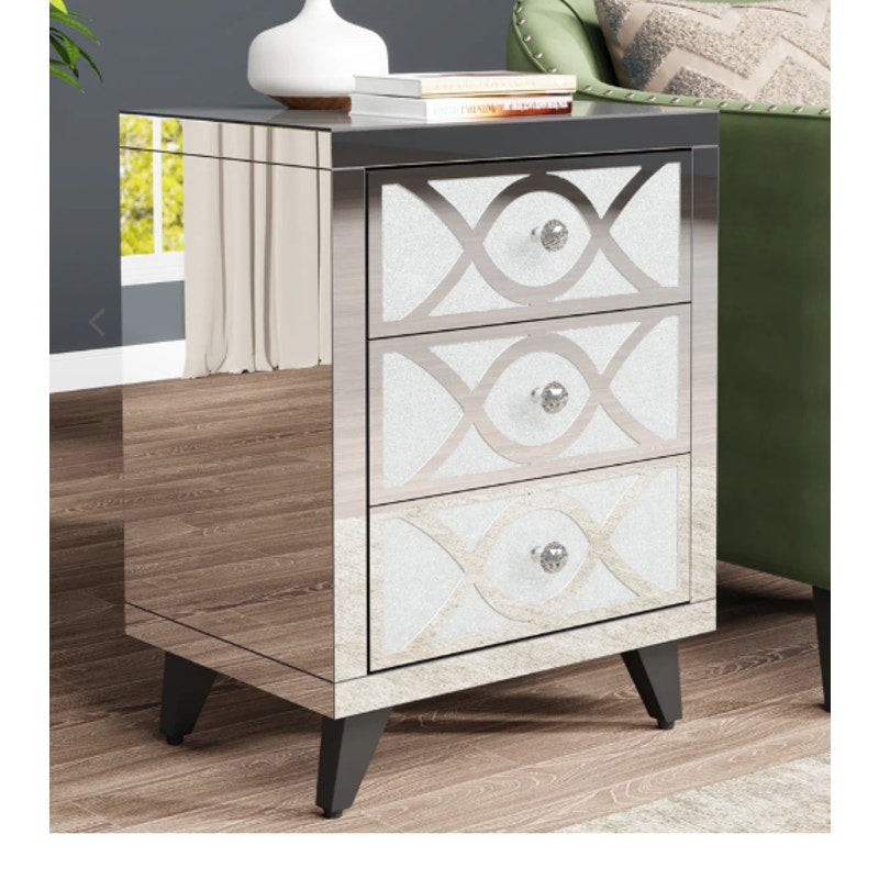 Tribesigns Modern Mirrored Nightstand 3 Drawers Slanted Legs Black Interior
