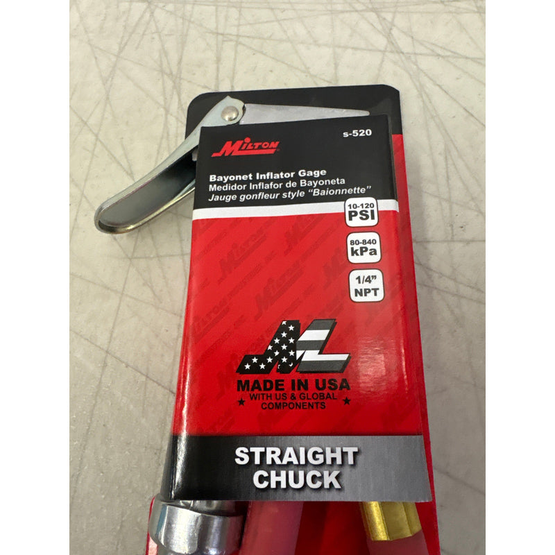 Milton Industries Straight Head Chuck Bayonet Style Inflator Gauge 10-120 PSI