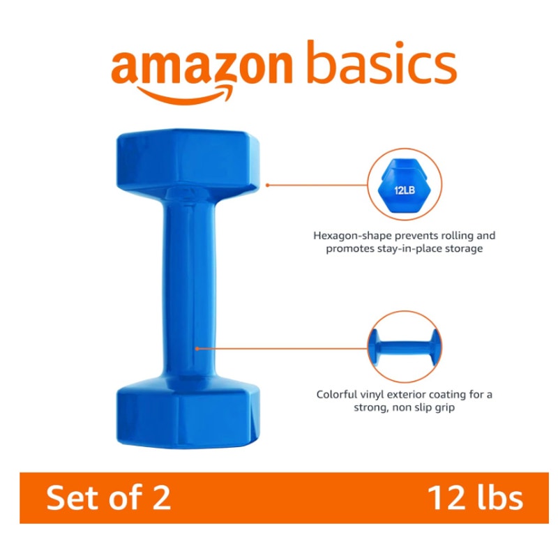 Set-of-2 12-lb Amazon Basics Vinyl Coated Dumbbell Hand Weights, Alloy Steel Vinyl