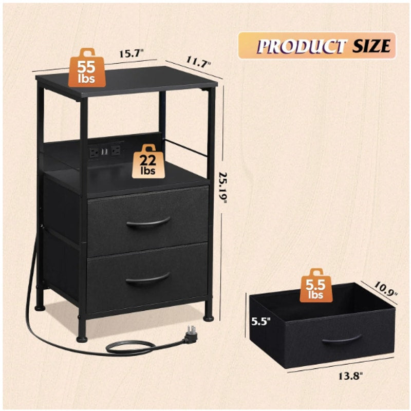 WLIVE Night Stand Set of 2 with Charger Station, Black, 2 Fabric Drawers