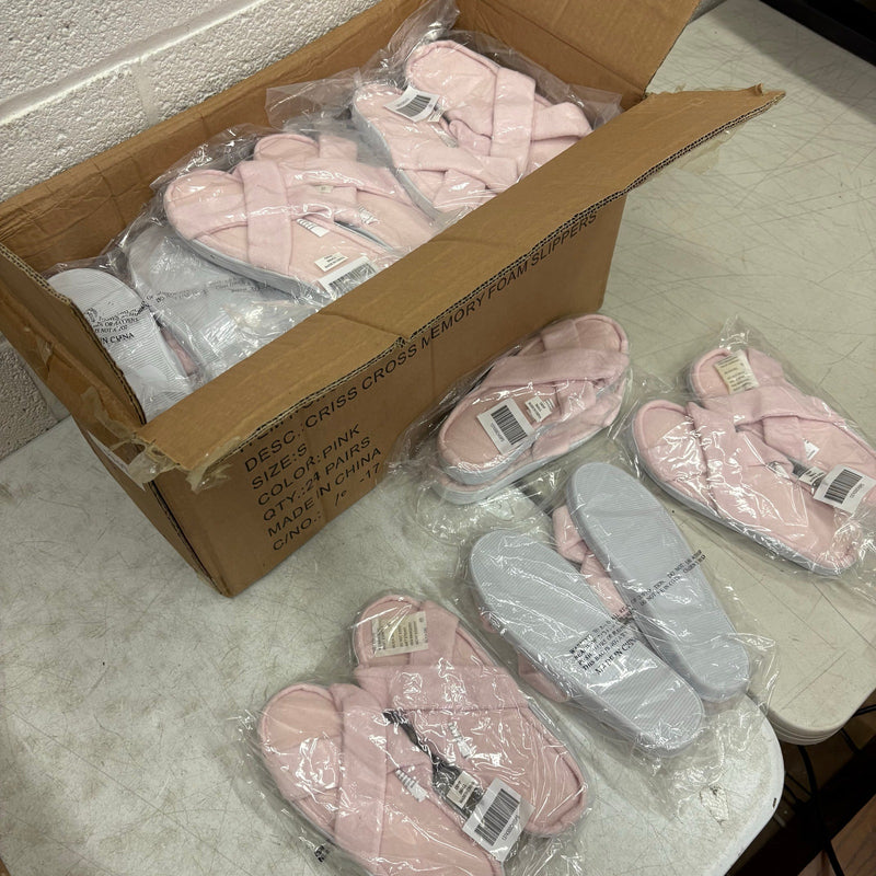 LOT-OF-24 Criss Cross Slippers SMALL, Memory Foam, Rubber Bottom - Pink / White