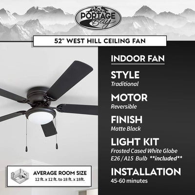 52" West Hill 5-Blade Hugger-Style Ceiling Fan with Dimmable Light -Matte Black